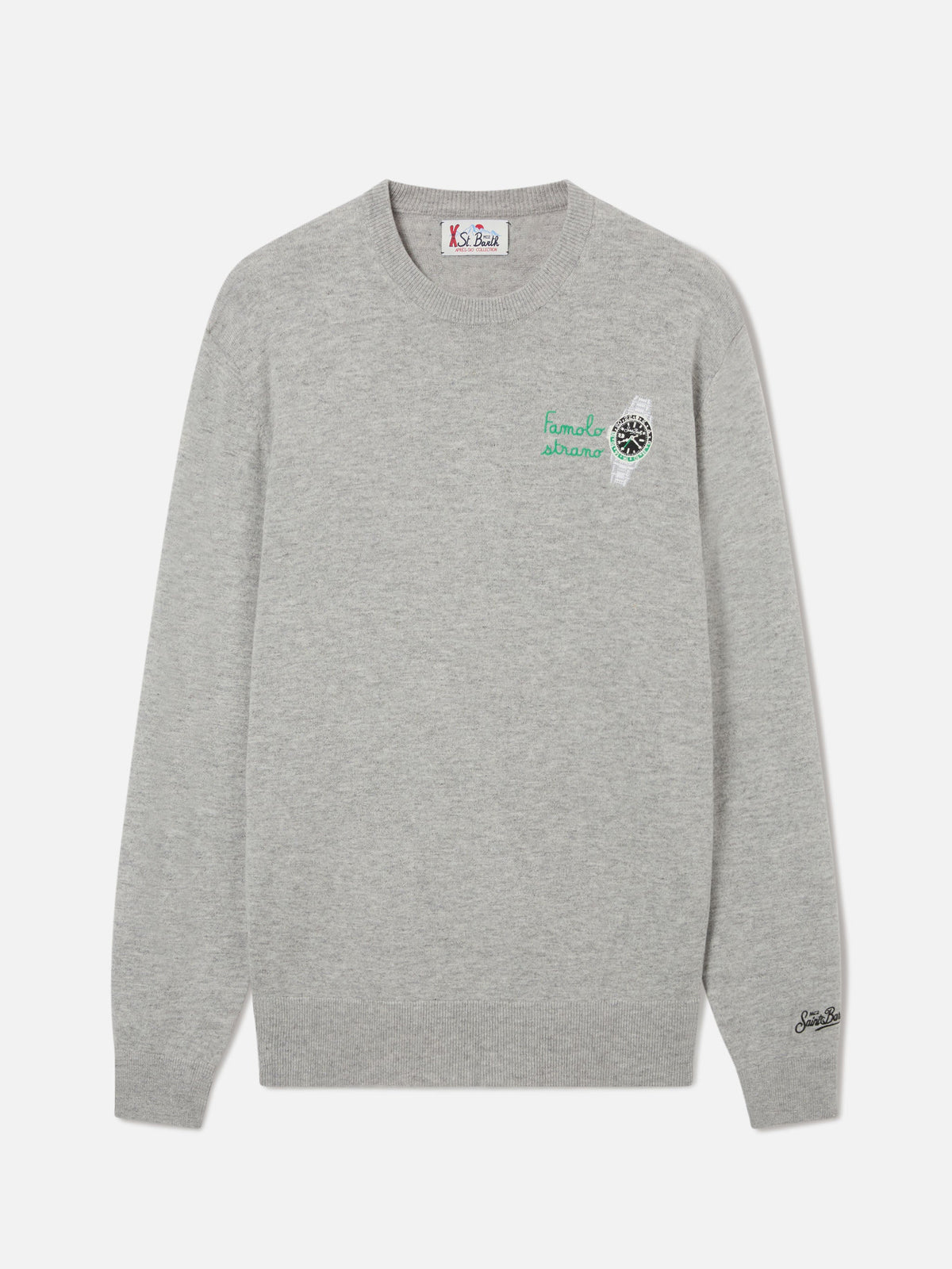 Maglia girocollo Heron Light grigia in misto lana e cashmere con ricamo Famola Strana