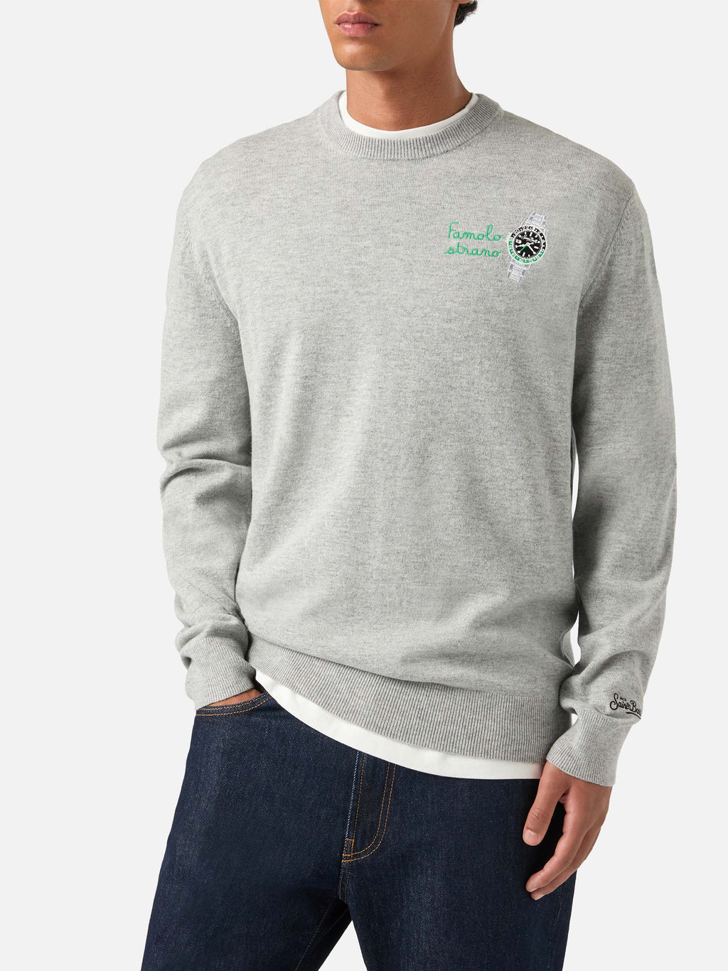 Maglia girocollo Heron Light grigia in misto lana e cashmere con ricamo Famola Strana
