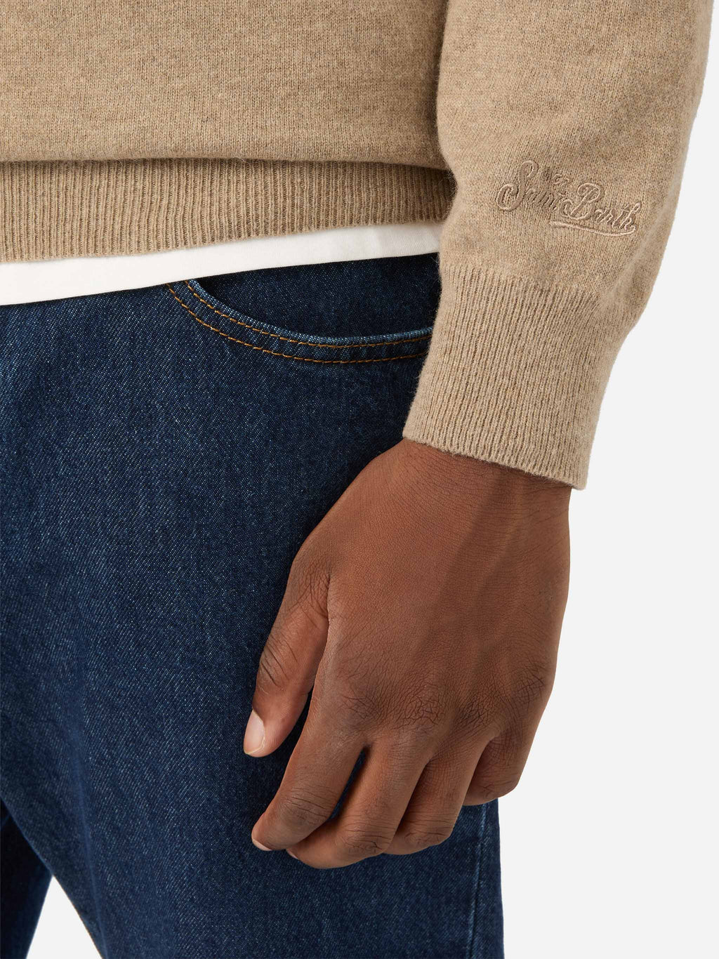 Maglia girocollo Heron Light beige in misto lana e cashmere con ricamo Ca' Nisciun È Fess | Special edition