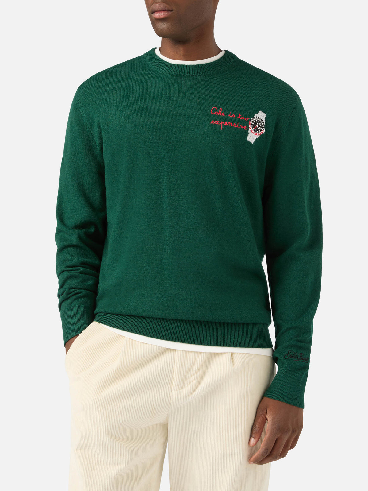 Maglia girocollo Heron Light verde in misto lana e cashmere con ricamo orologio