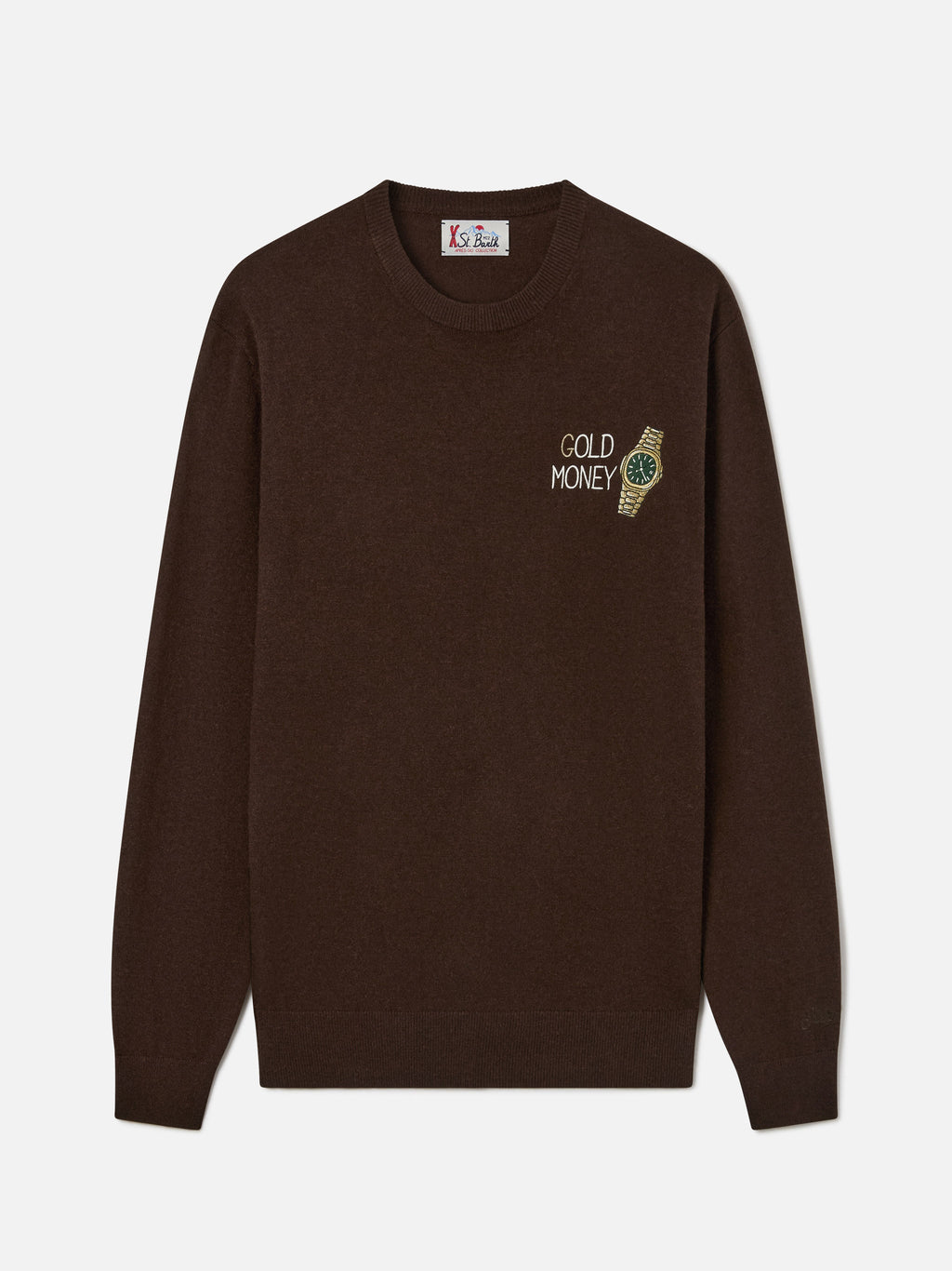 Maglia girocollo Heron Light marrone in misto lana e cashmere con ricamo Gold Money