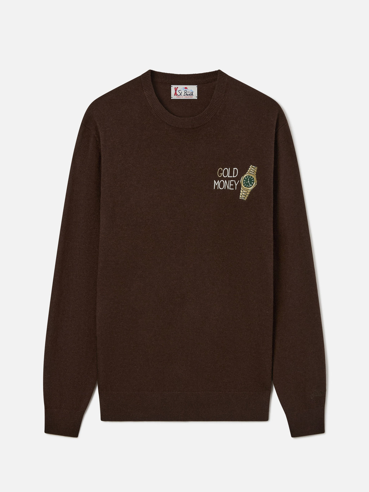 Maglia girocollo Heron Light marrone in misto lana e cashmere con ricamo Gold Money