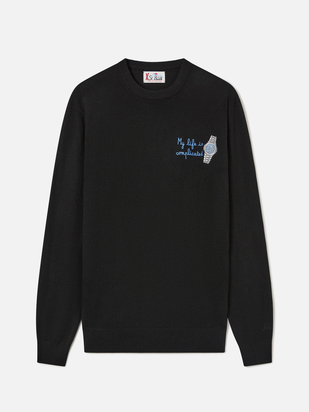 Maglia girocollo Heron Light nera in misto lana e cashmere con ricamo My Life Is Complicated