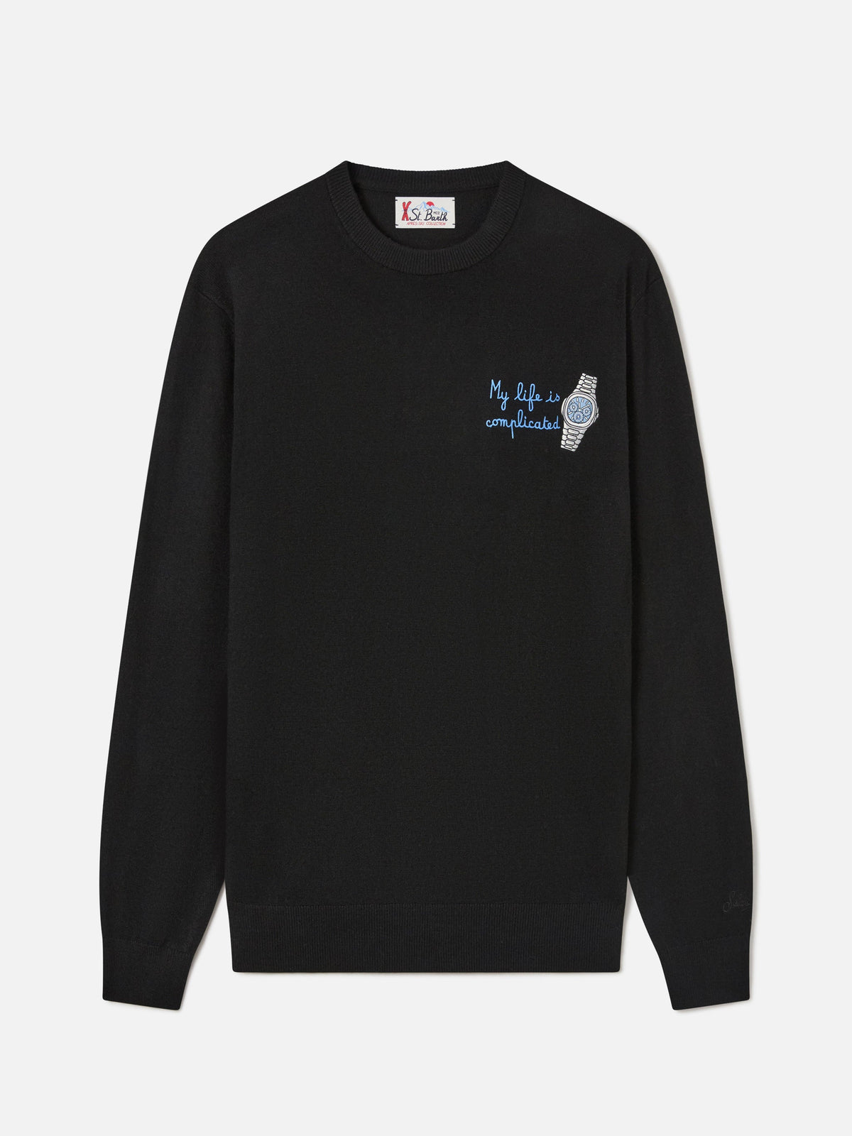 Maglia girocollo Heron Light nera in misto lana e cashmere con ricamo My Life Is Complicated