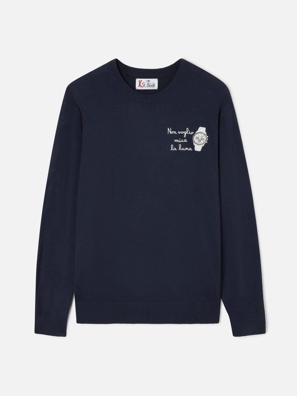 Maglia girocollo Heron Light blu navy in misto lana e cashmere con ricamo Non Voglio Mica La Luna