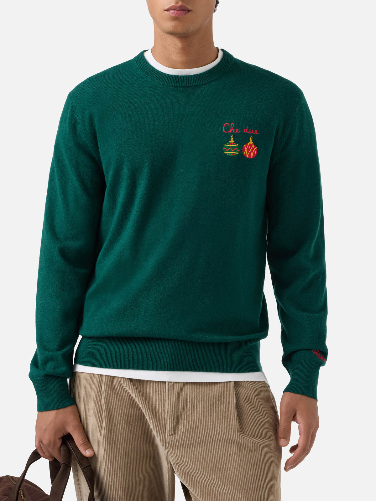Maglia girocollo Heron Light verde in misto lana e cashmere con ricamo Che Due
