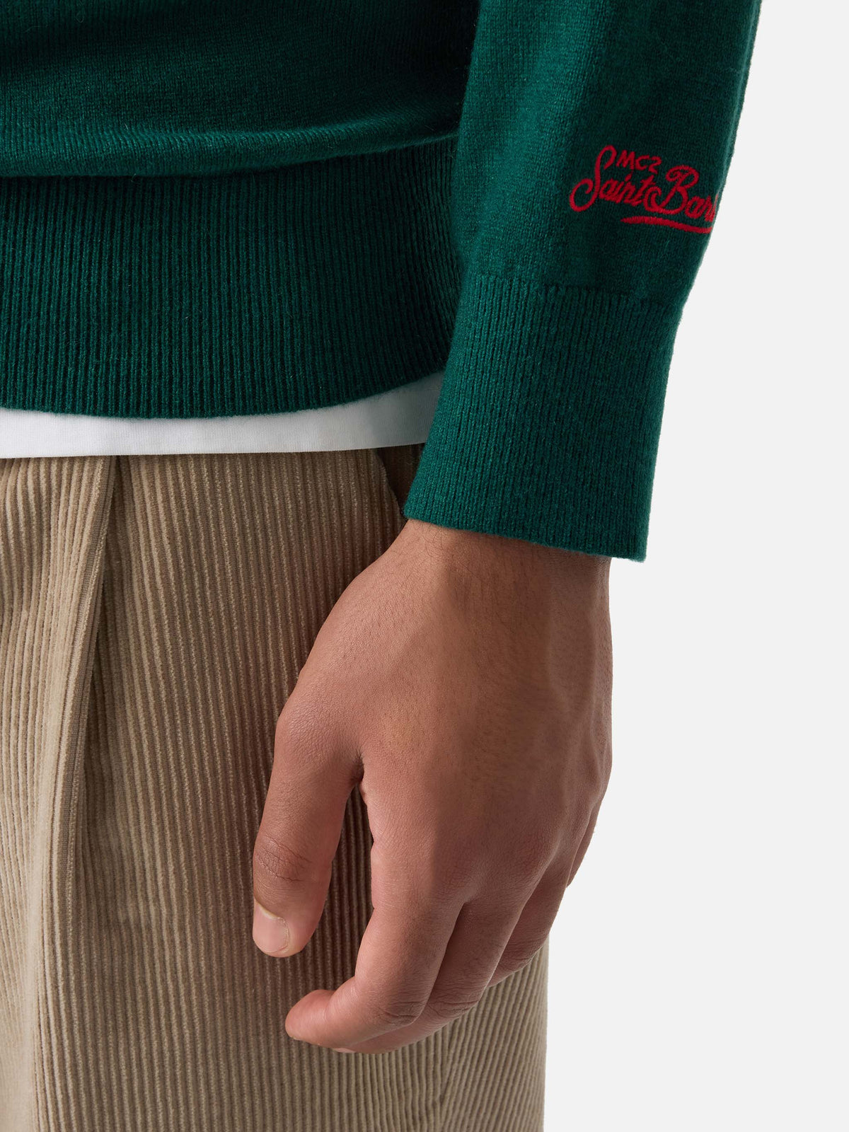 Maglia girocollo Heron Light verde in misto lana e cashmere con ricamo Che Due