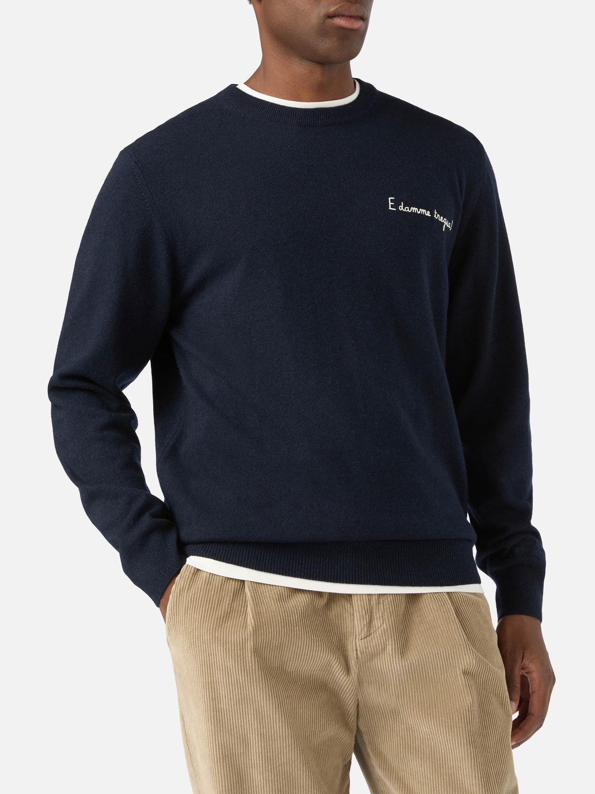 Maglia girocollo Heron Light blu navy in misto lana e cashmere con ricamo E Damme Tregua | Special edition