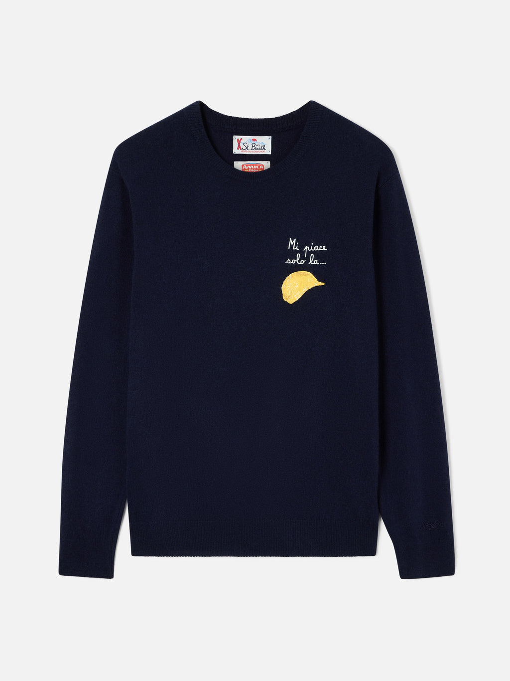 Maglia girocollo Heron Light blu navy in misto lana e cashmere con ricamo Amica Chips | Special edition