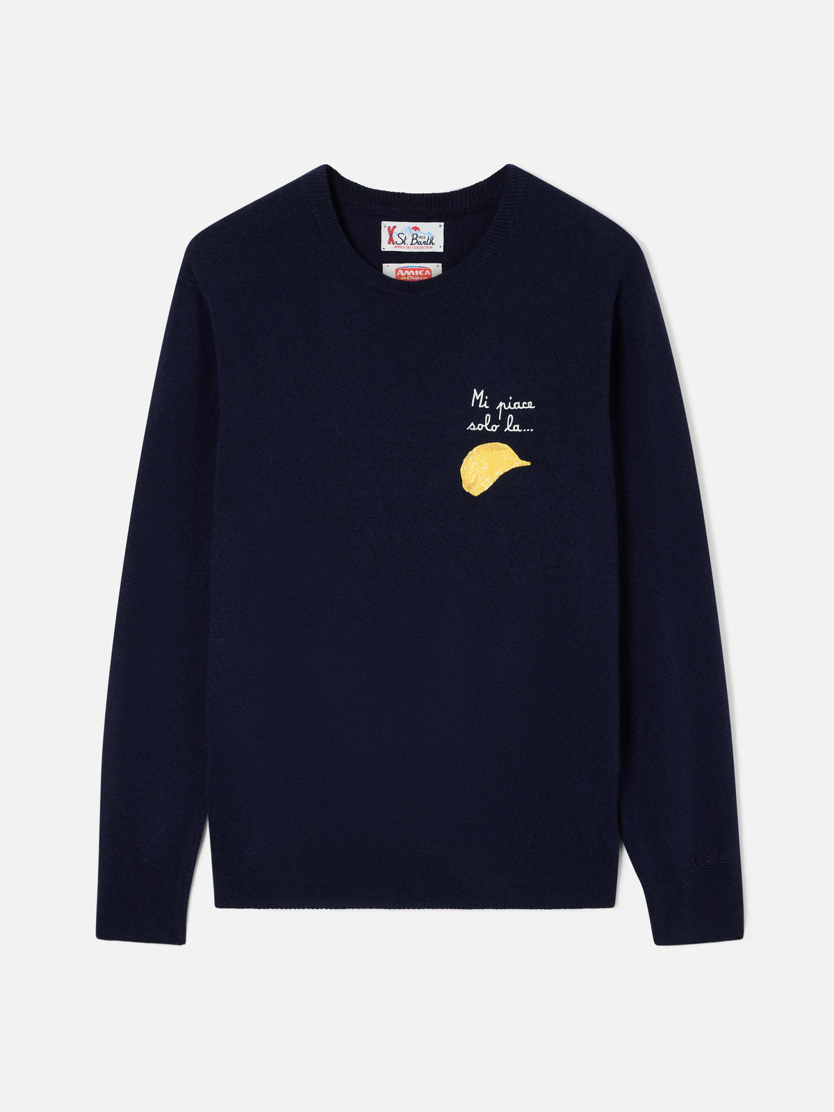 Maglia girocollo Heron Light blu navy in misto lana e cashmere con ricamo Amica Chips | Special edition