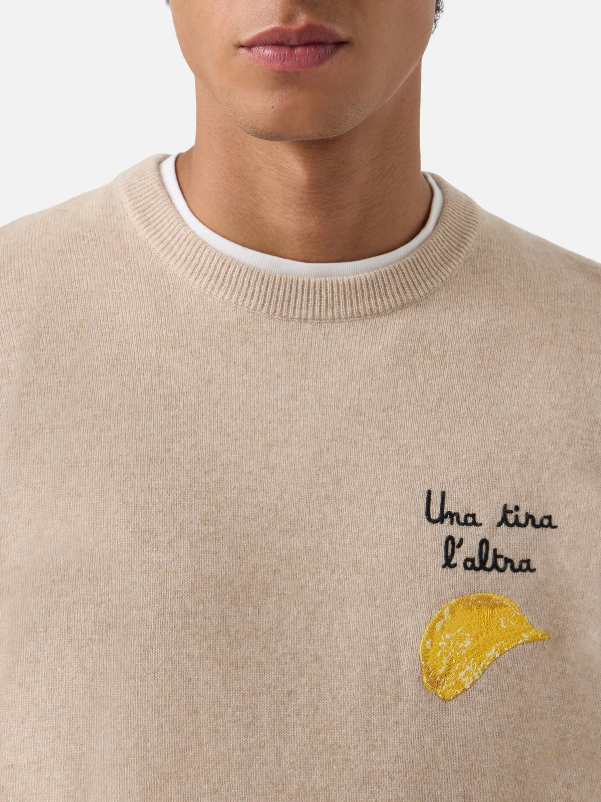 Maglia girocollo Heron Light beige in misto lana e cashmere con ricamo Amica Chips | Special edition