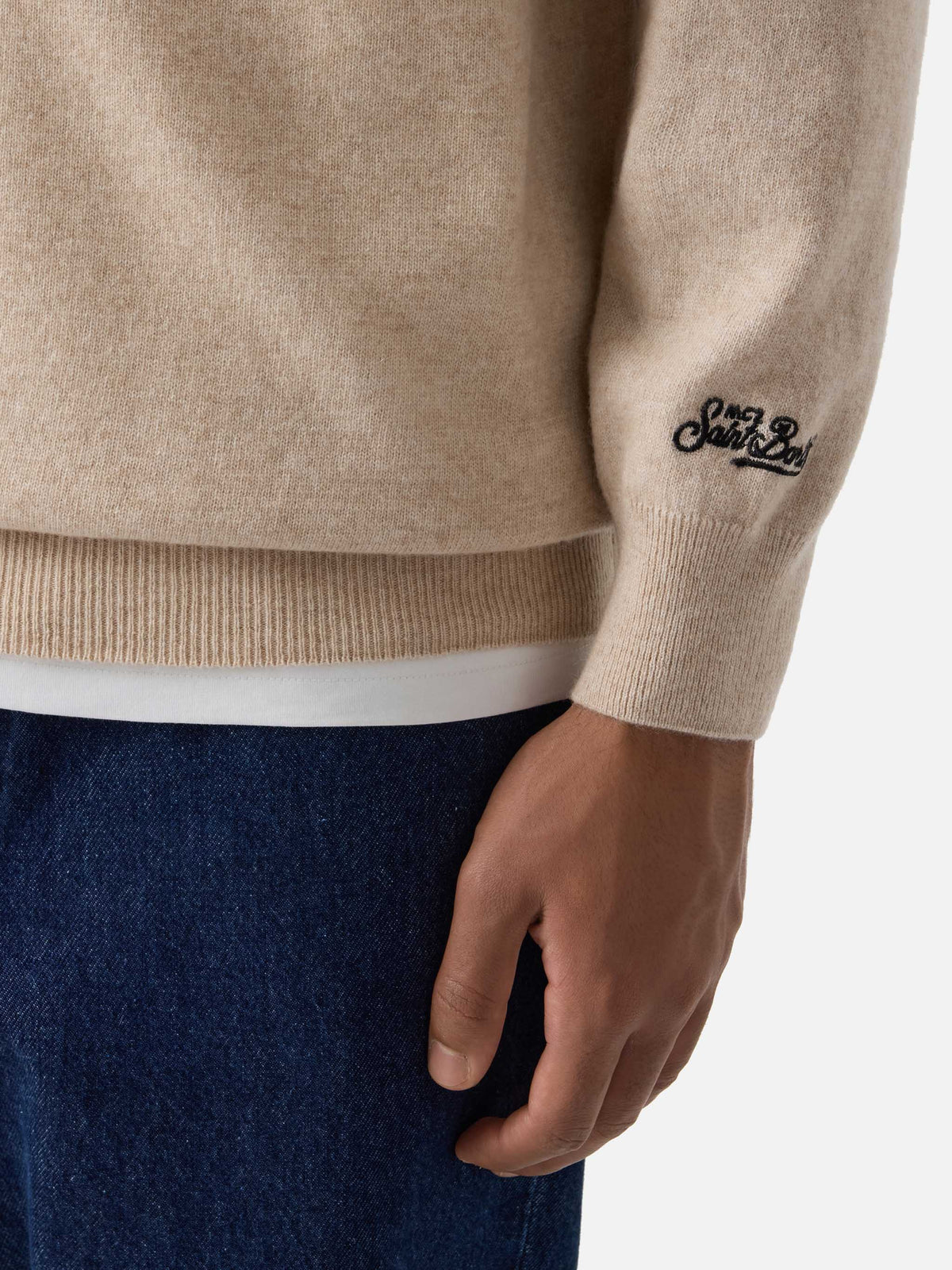 Maglia girocollo Heron Light beige in misto lana e cashmere con ricamo Amica Chips | Special edition