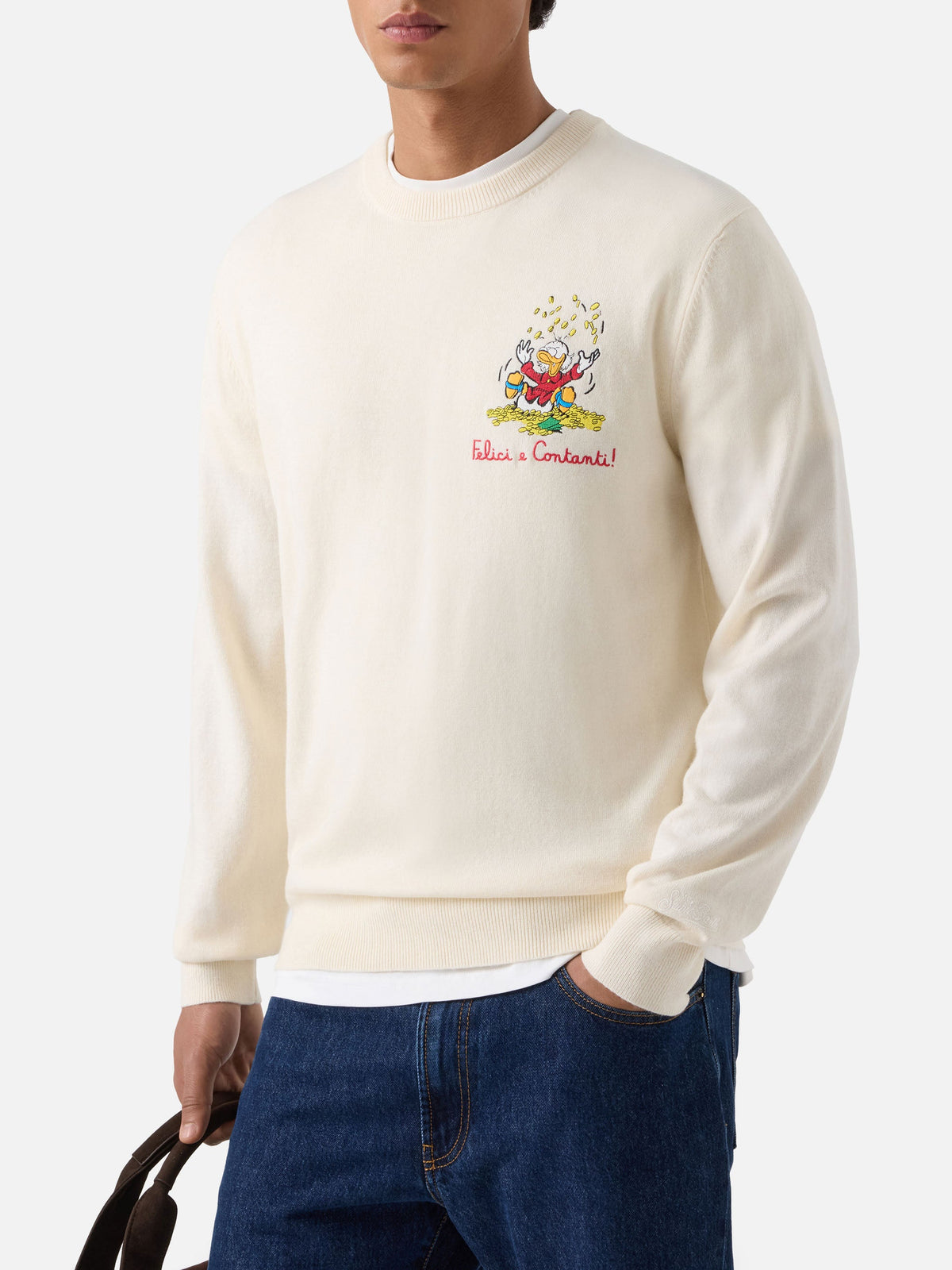 Maglia girocollo Heron Light bianco panna in misto lana e cashmere con ricamo Zio Paperone | Special edition