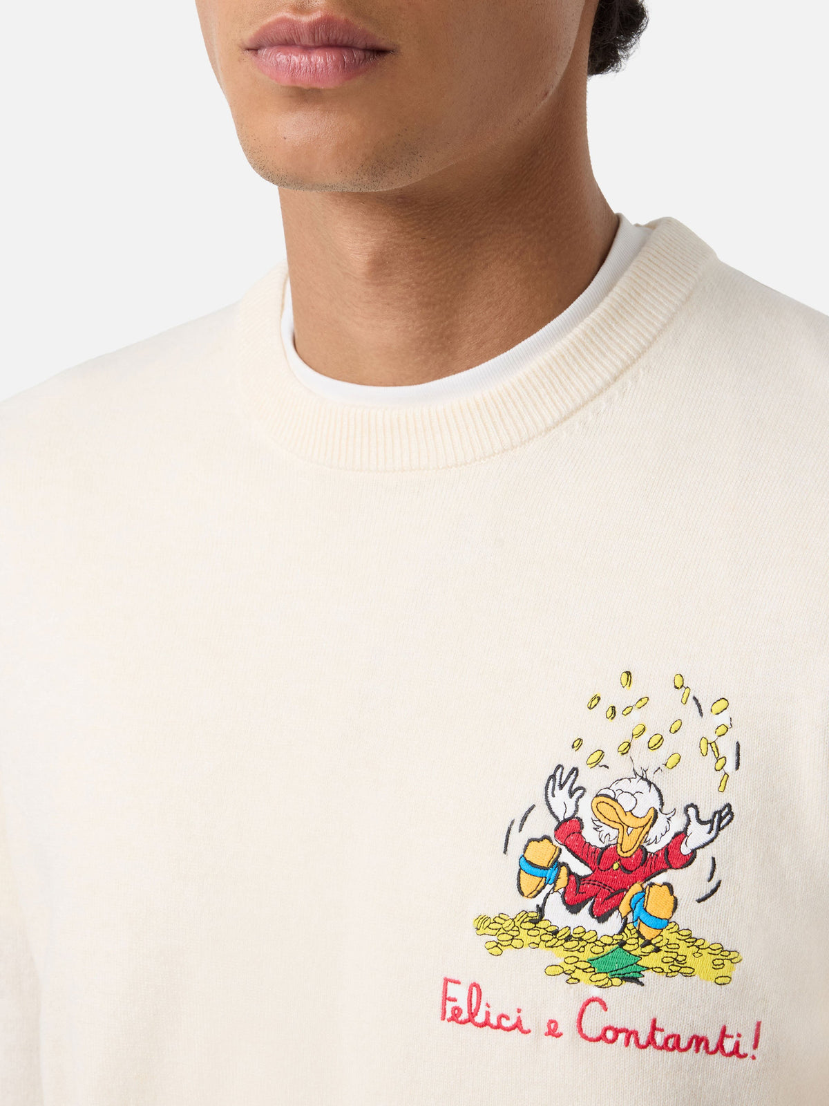 Maglia girocollo Heron Light bianco panna in misto lana e cashmere con ricamo Zio Paperone | Special edition
