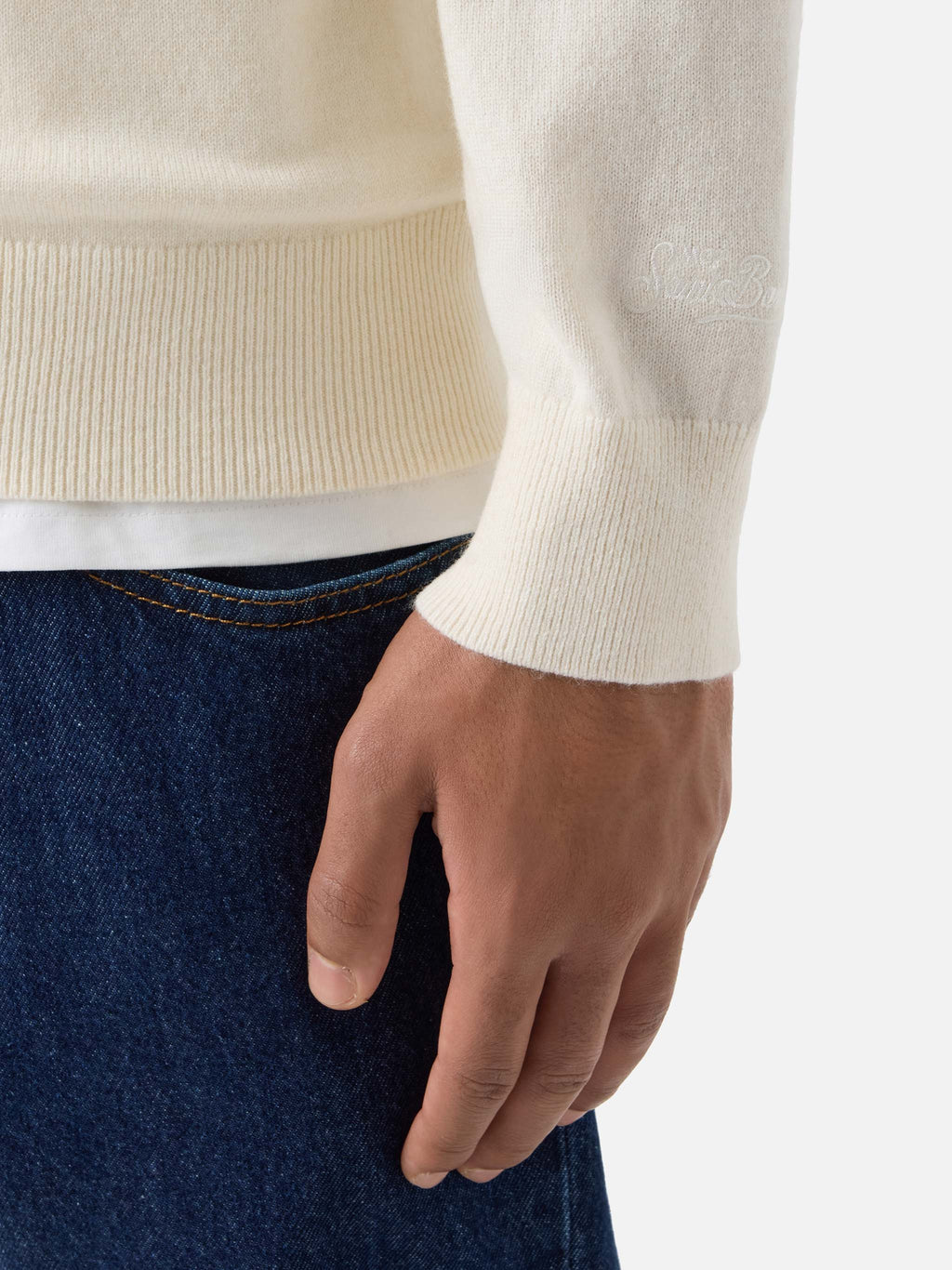 Maglia girocollo Heron Light bianco panna in misto lana e cashmere con ricamo Zio Paperone | Special edition