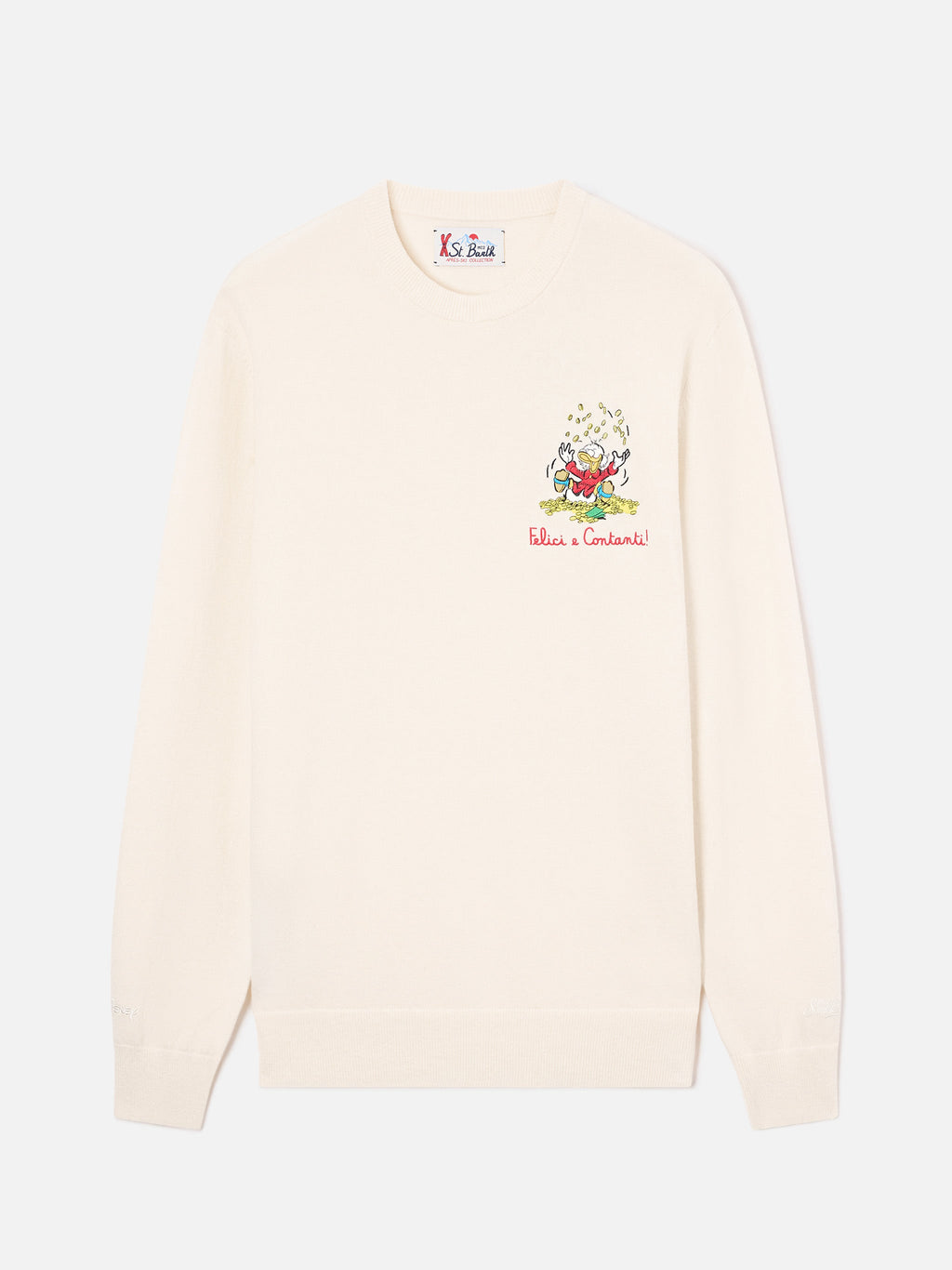 Maglia girocollo Heron Light bianco panna in misto lana e cashmere con ricamo Zio Paperone | Special edition