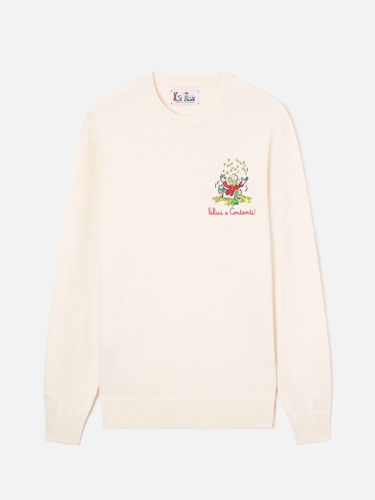 Maglia girocollo Heron Light bianco panna in misto lana e cashmere con ricamo Zio Paperone | Special edition