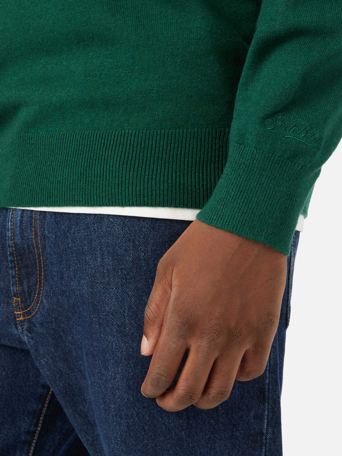 Maglia girocollo Heron Light verde in misto lana e cashmere con ricamo Business Glass
