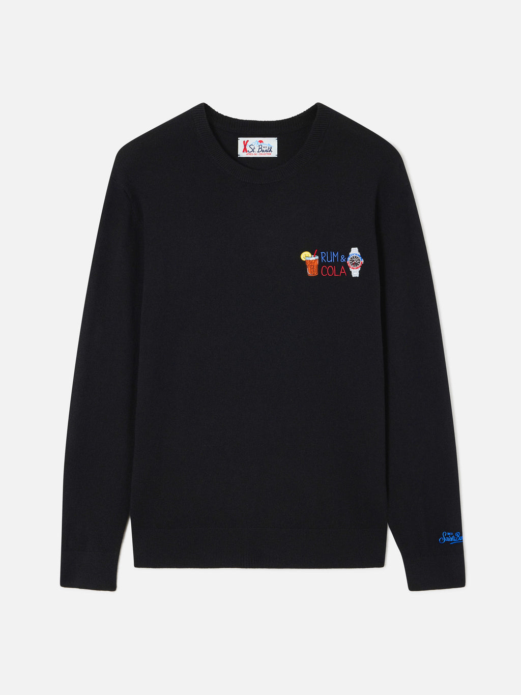 Maglia girocollo Heron Light nera in misto lana e cashmere con ricamo Rum & Cola