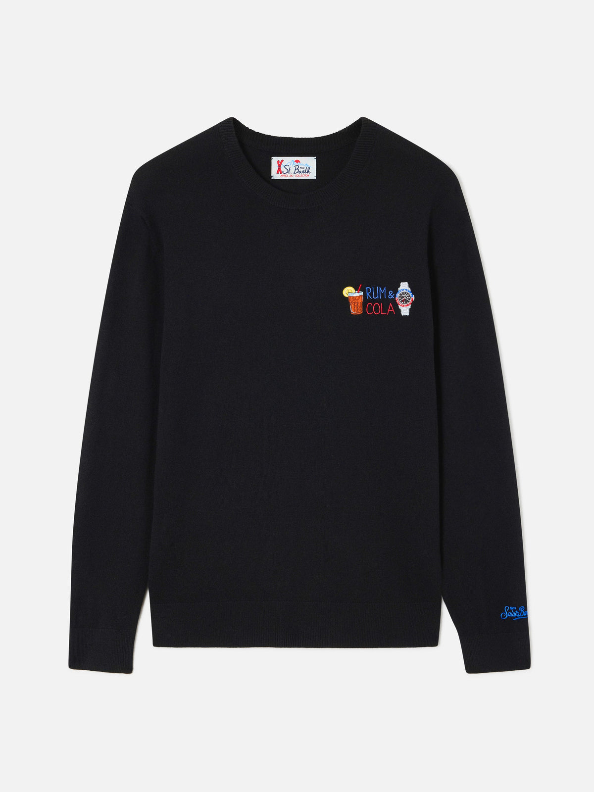 Maglia girocollo Heron Light nera in misto lana e cashmere con ricamo Rum & Cola