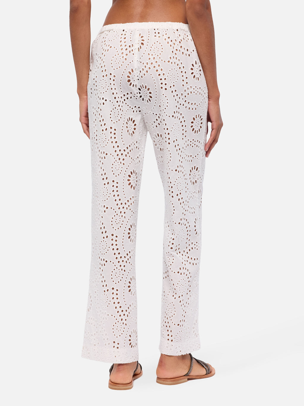Pantaloni Inez bianchi in sangallo con ricamo girasoli