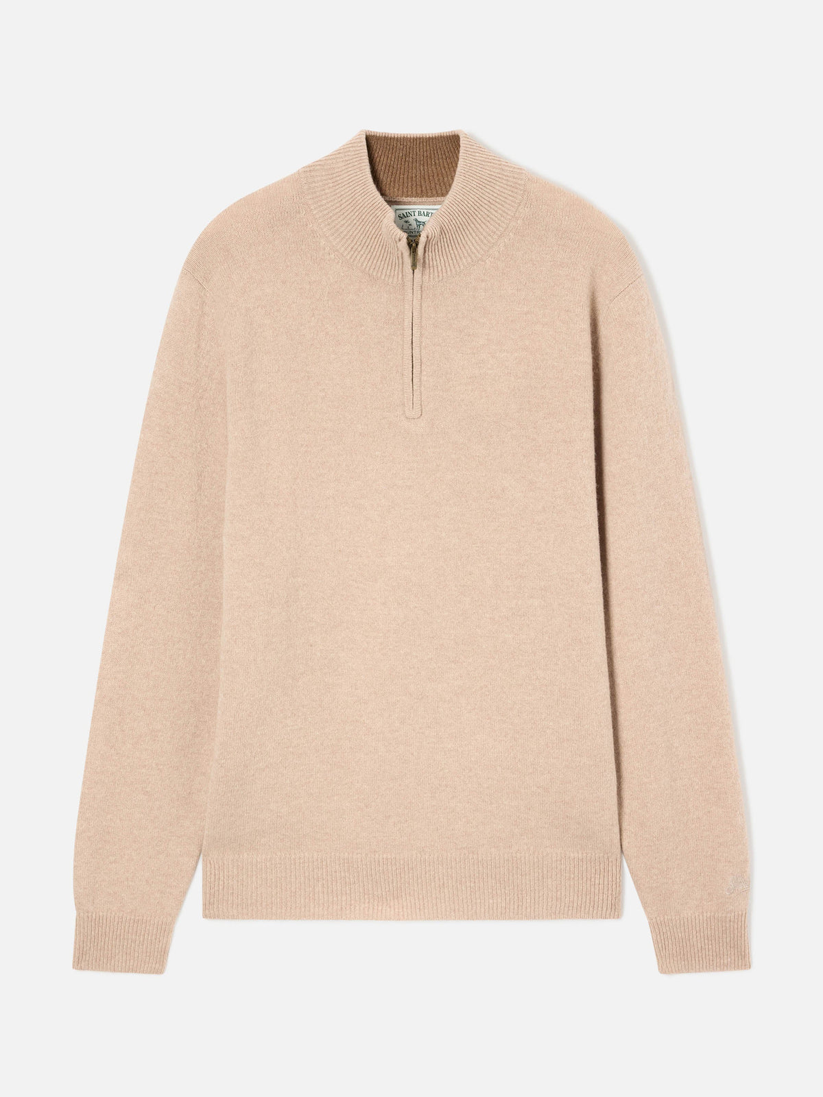 Maglia Jermyn beige in lana d'agnello con mezza zip e collo a contrasto