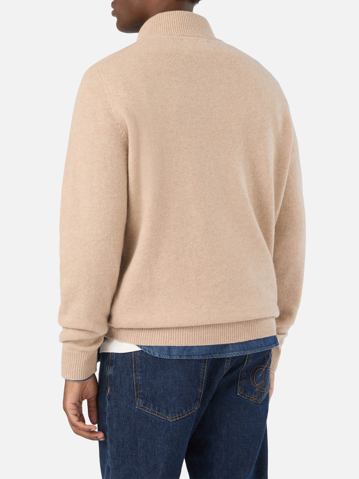 Maglia Jermyn beige in lana d'agnello con mezza zip e collo a contrasto