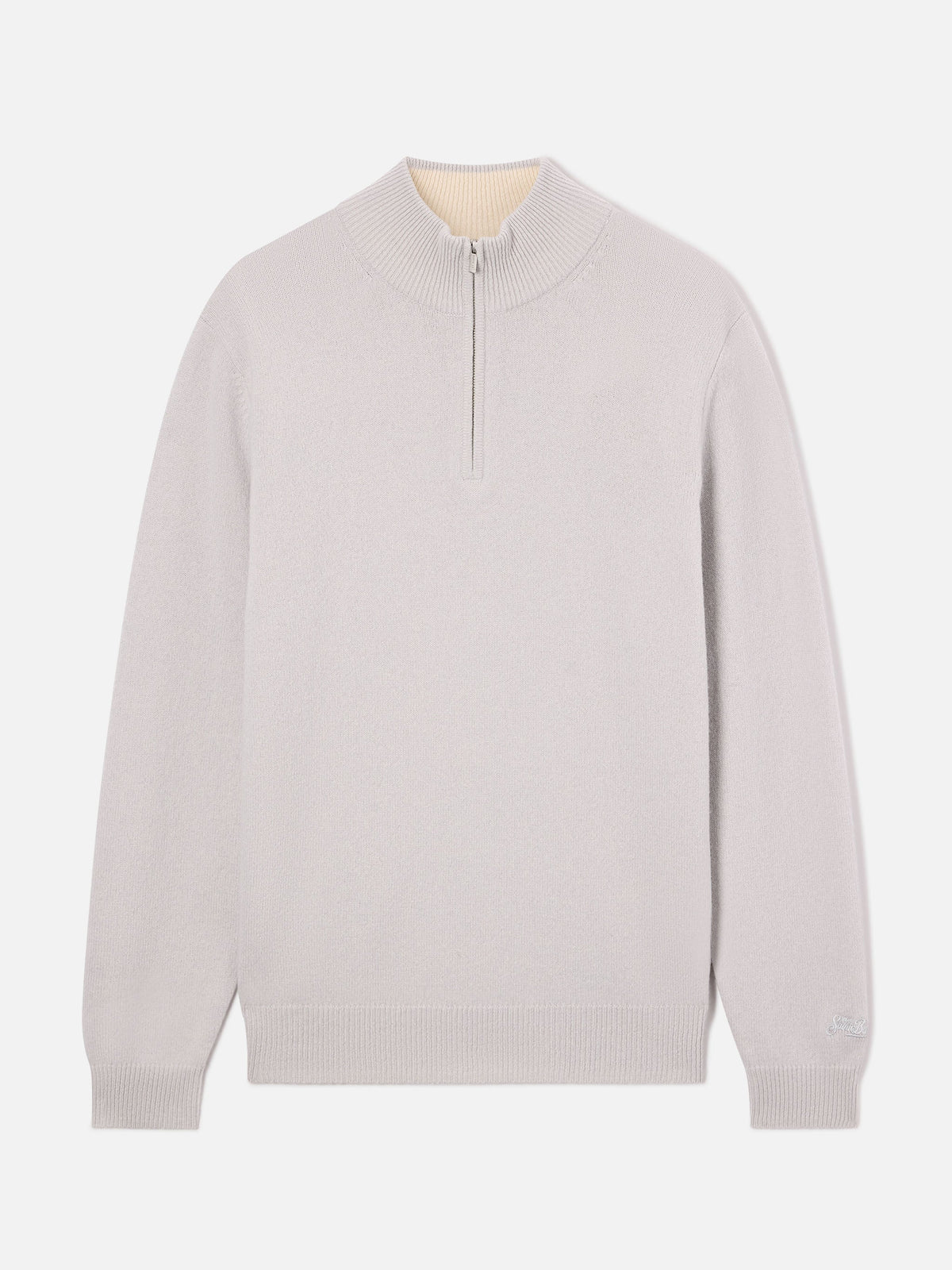 Maglia Jermyn pietra chiaro in lana d'agnello con mezza zip e collo a contrasto