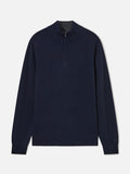 Maglia Jermyn blu notte in lana d'agnello con mezza zip e collo a contrasto
