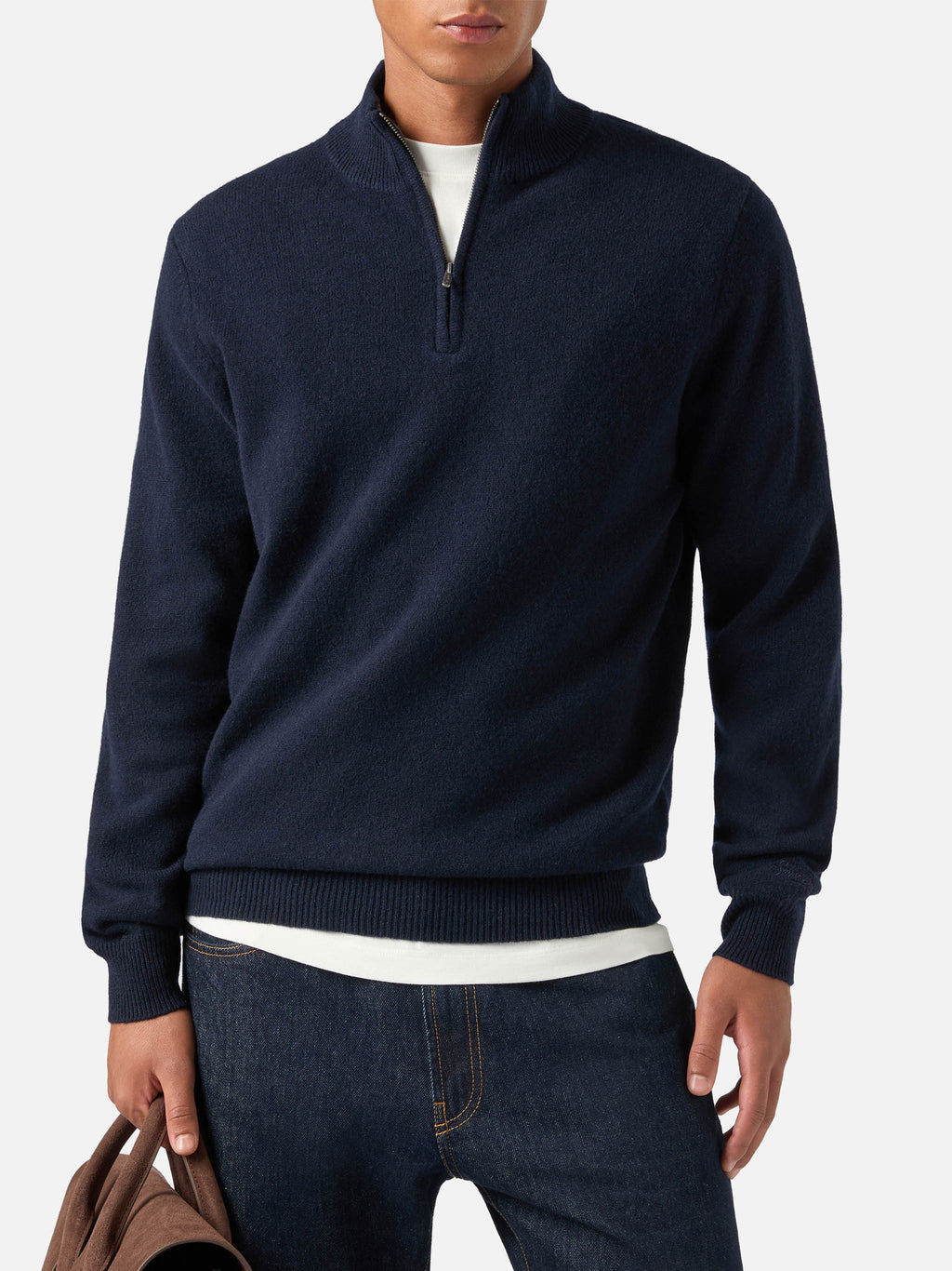 Maglia Jermyn blu notte in lana d'agnello con mezza zip e collo a contrasto