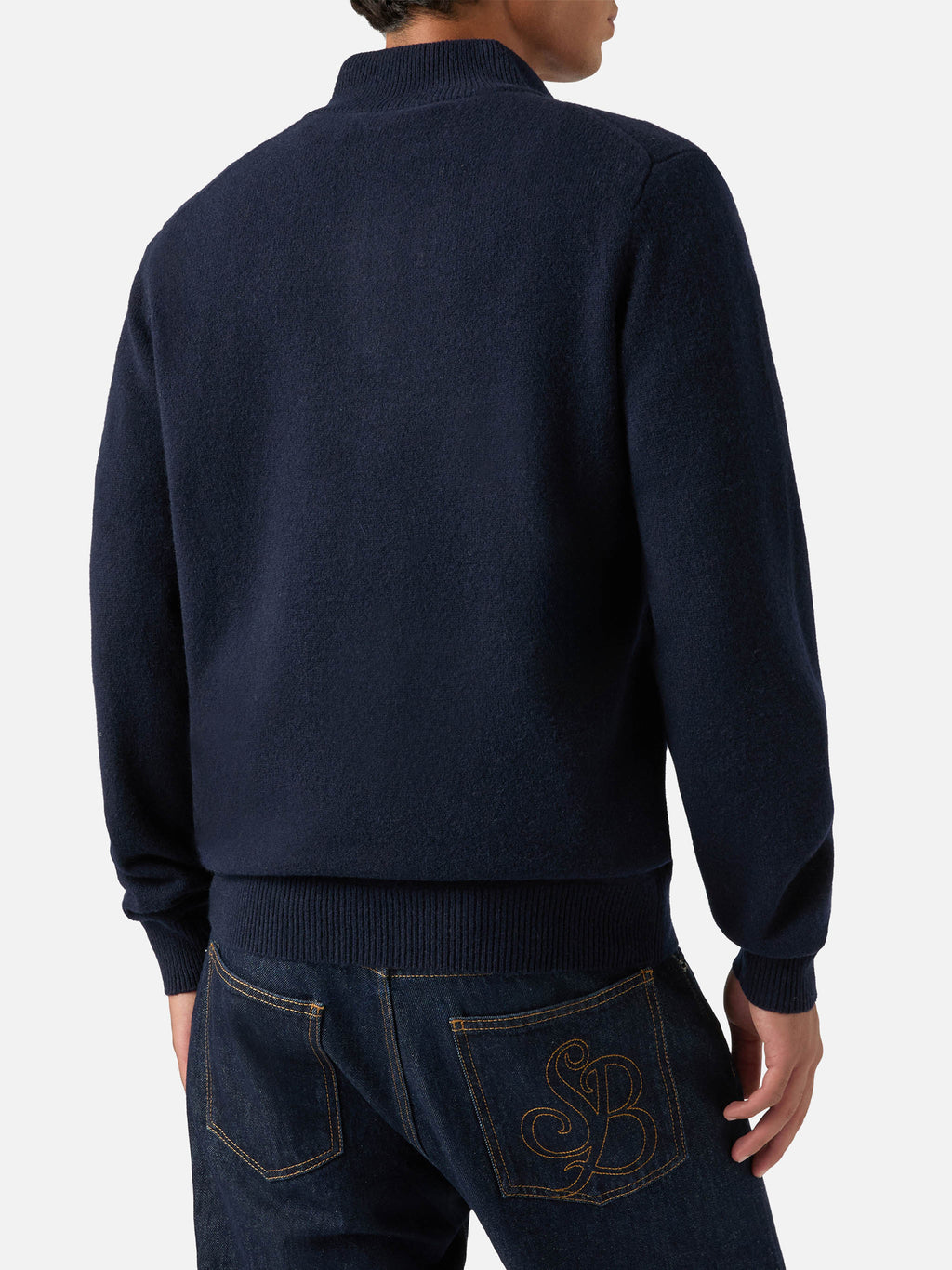 Maglia Jermyn blu notte in lana d'agnello con mezza zip e collo a contrasto