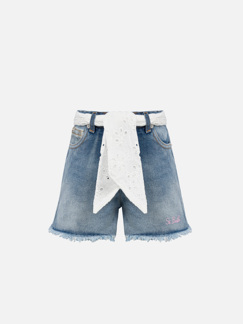 Shorts Kiko Jr blu denim con patch in sangallo product image 1