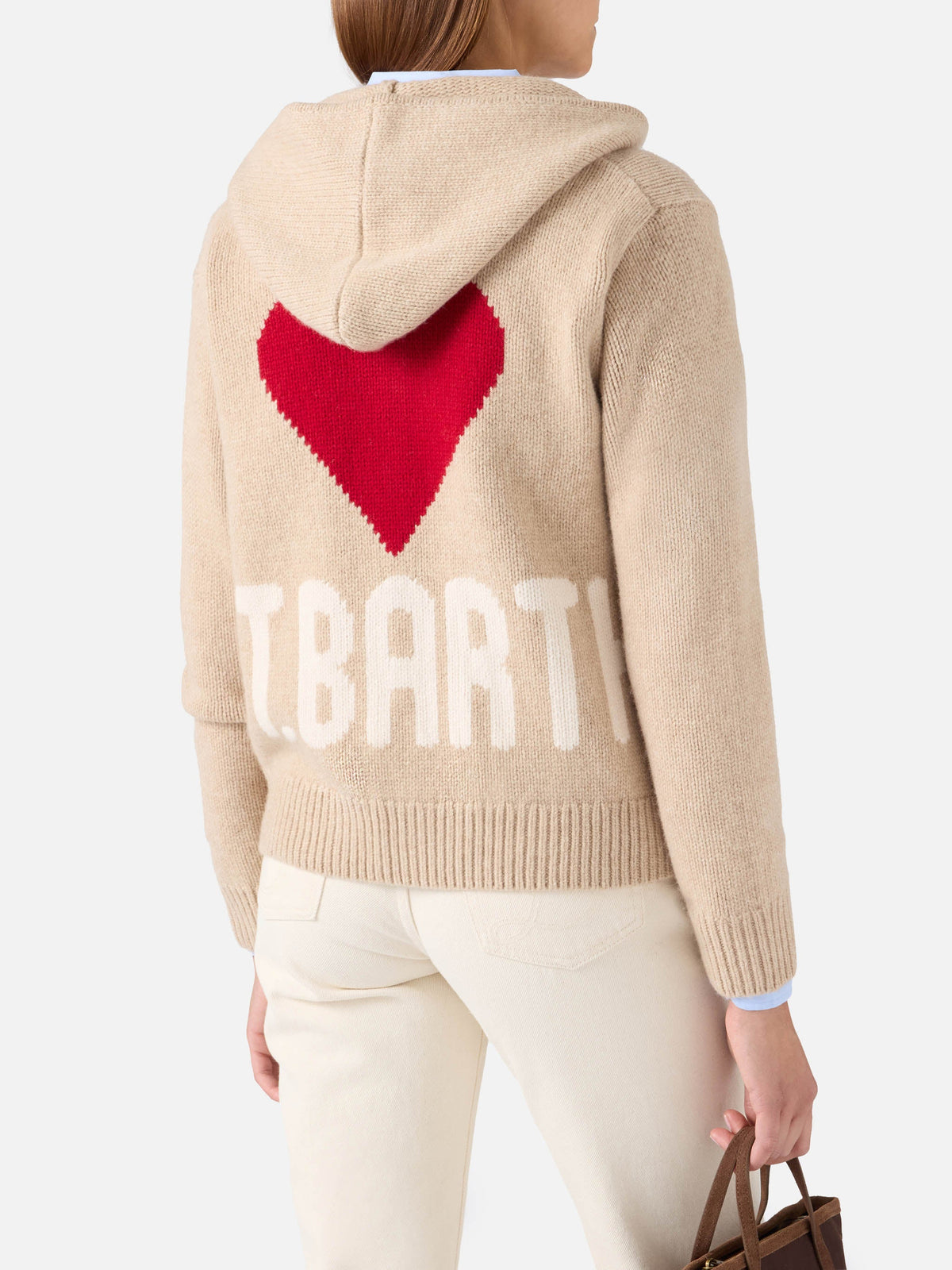 Felpa con cappuccio Kyla beige in maglia di lana con intarsio St. Barth