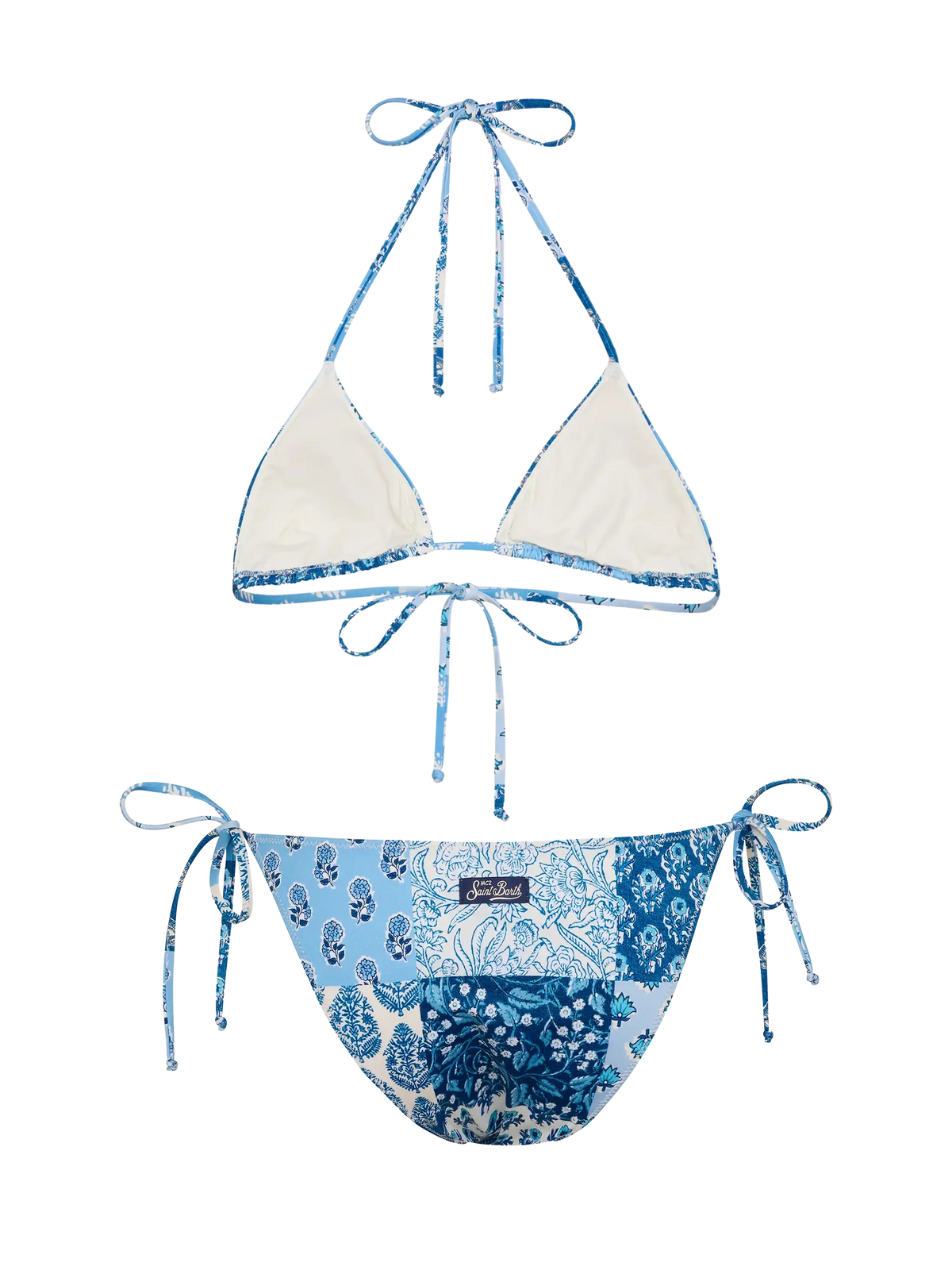 Bikini a triangolo Leah Virgo blu con stampa a patch di fiori