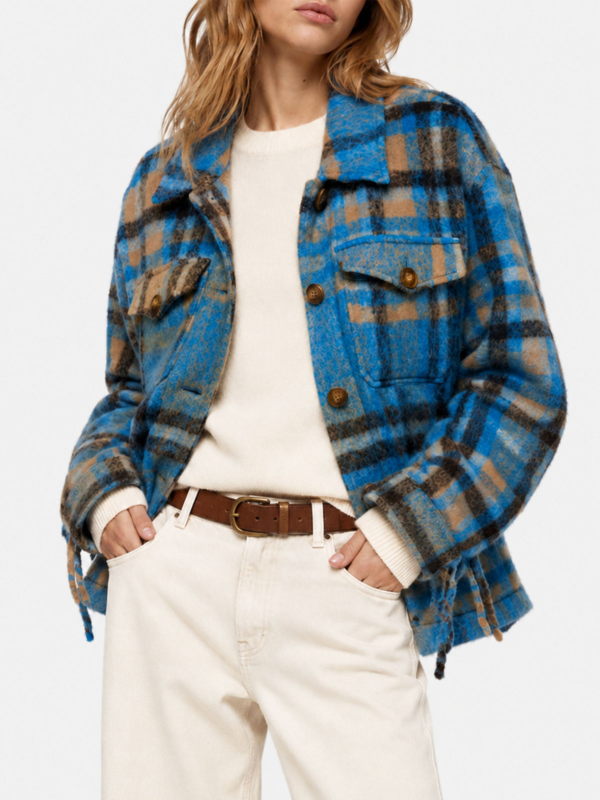 Sovracamicia Marceline Fringe con motivo tartan e frange sulle maniche