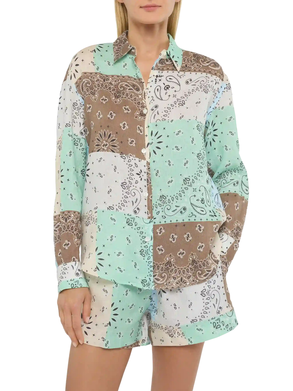 Camicia Meredith beige in lino con stampa patch bandana product image 1