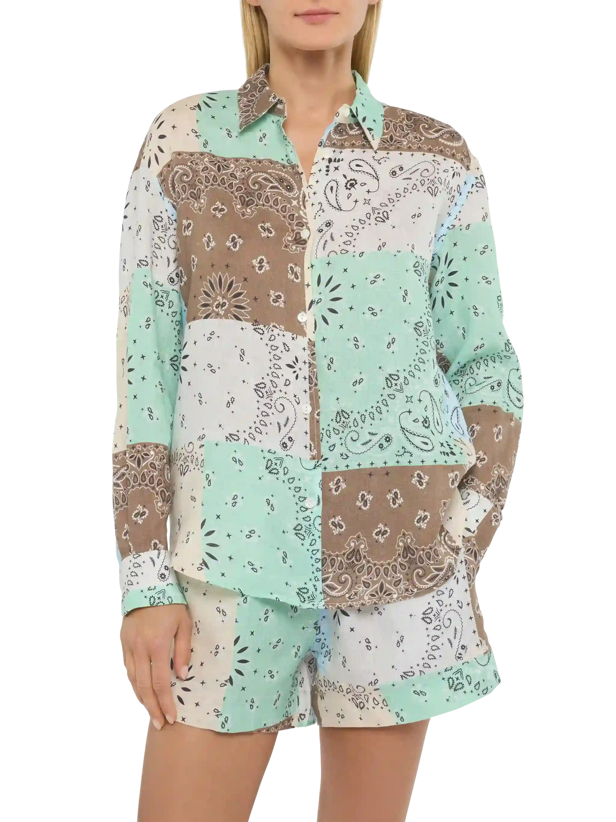 Camicia Meredith beige in lino con stampa patch bandana product image 1