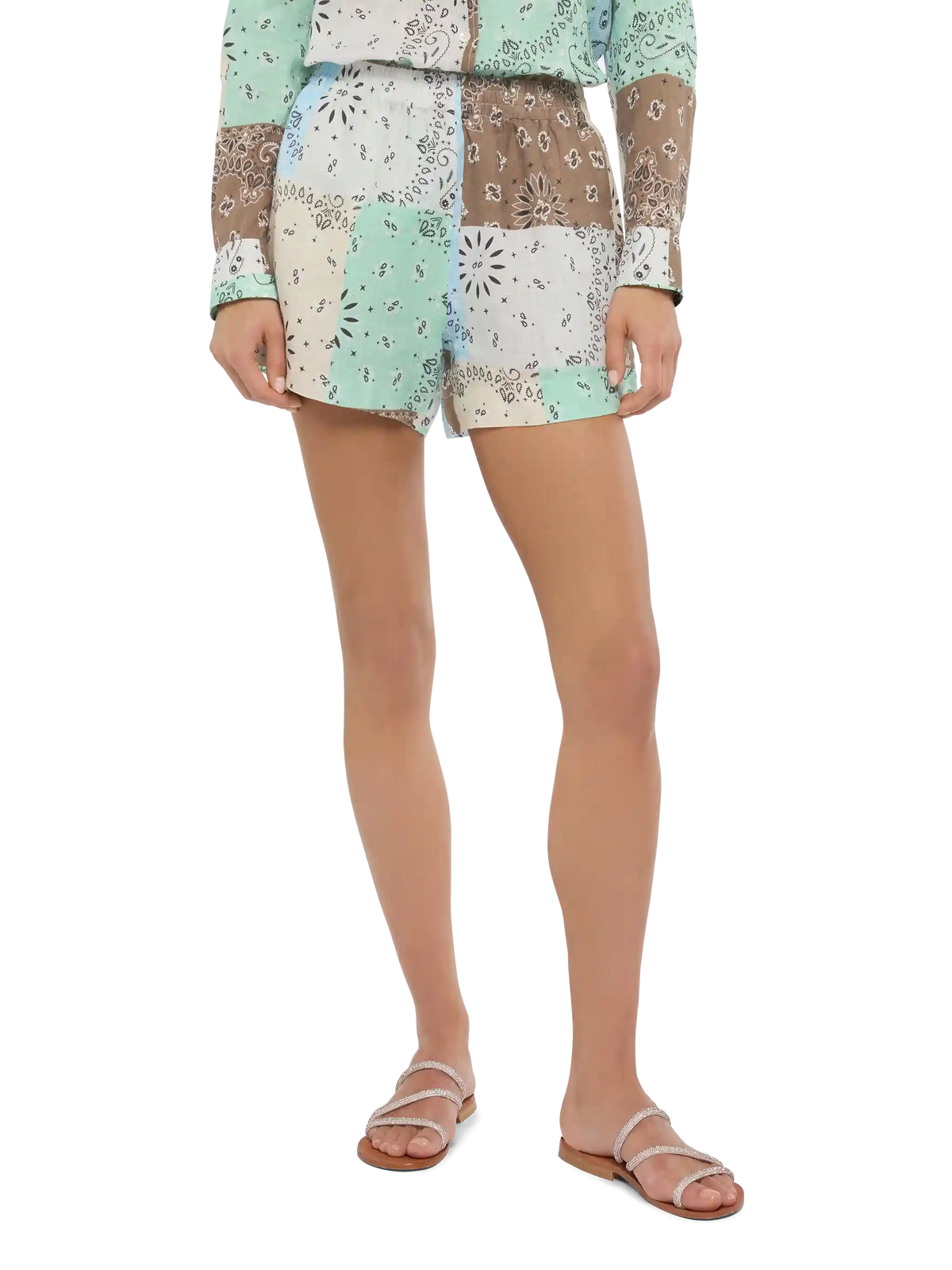 Shorts Meave beige in lino con stampa bandana e patch product image 1