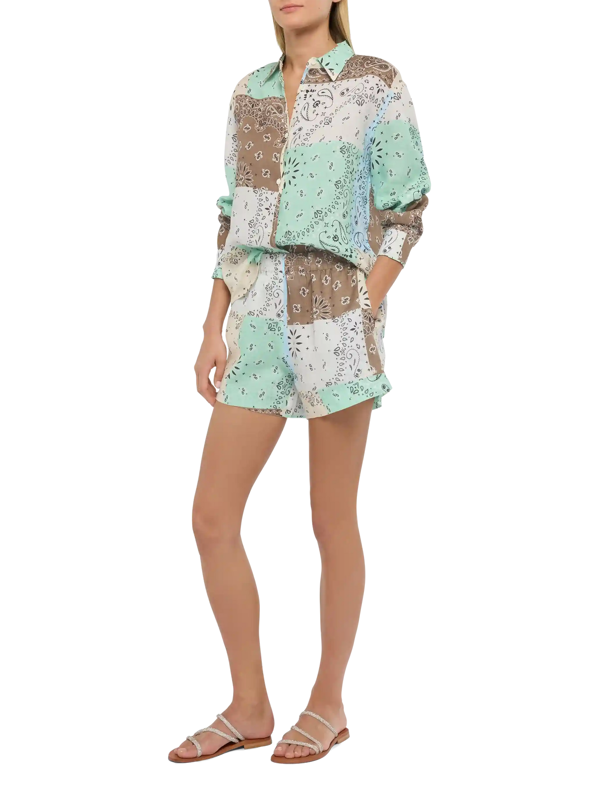Shorts Meave beige in lino con stampa bandana e patch product image 2