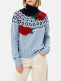 Maglia dolcevita Meghan Nordic azzurra con jacquard fiori broccato