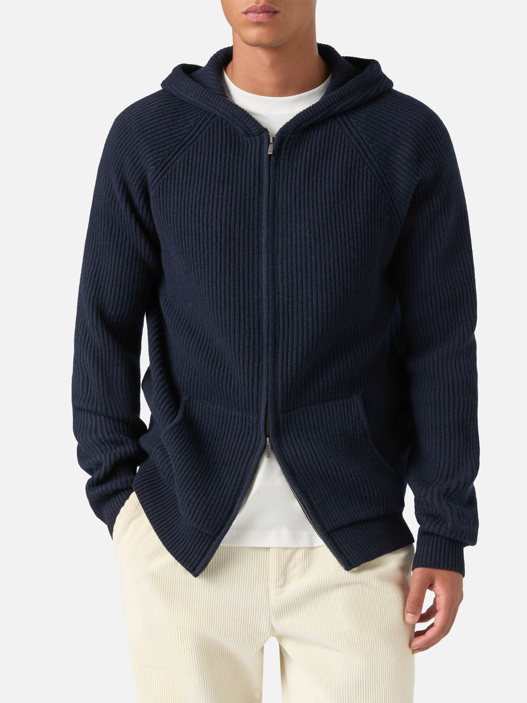 Maglia Malcolm blu notte in lana con cappuccio e zip intera