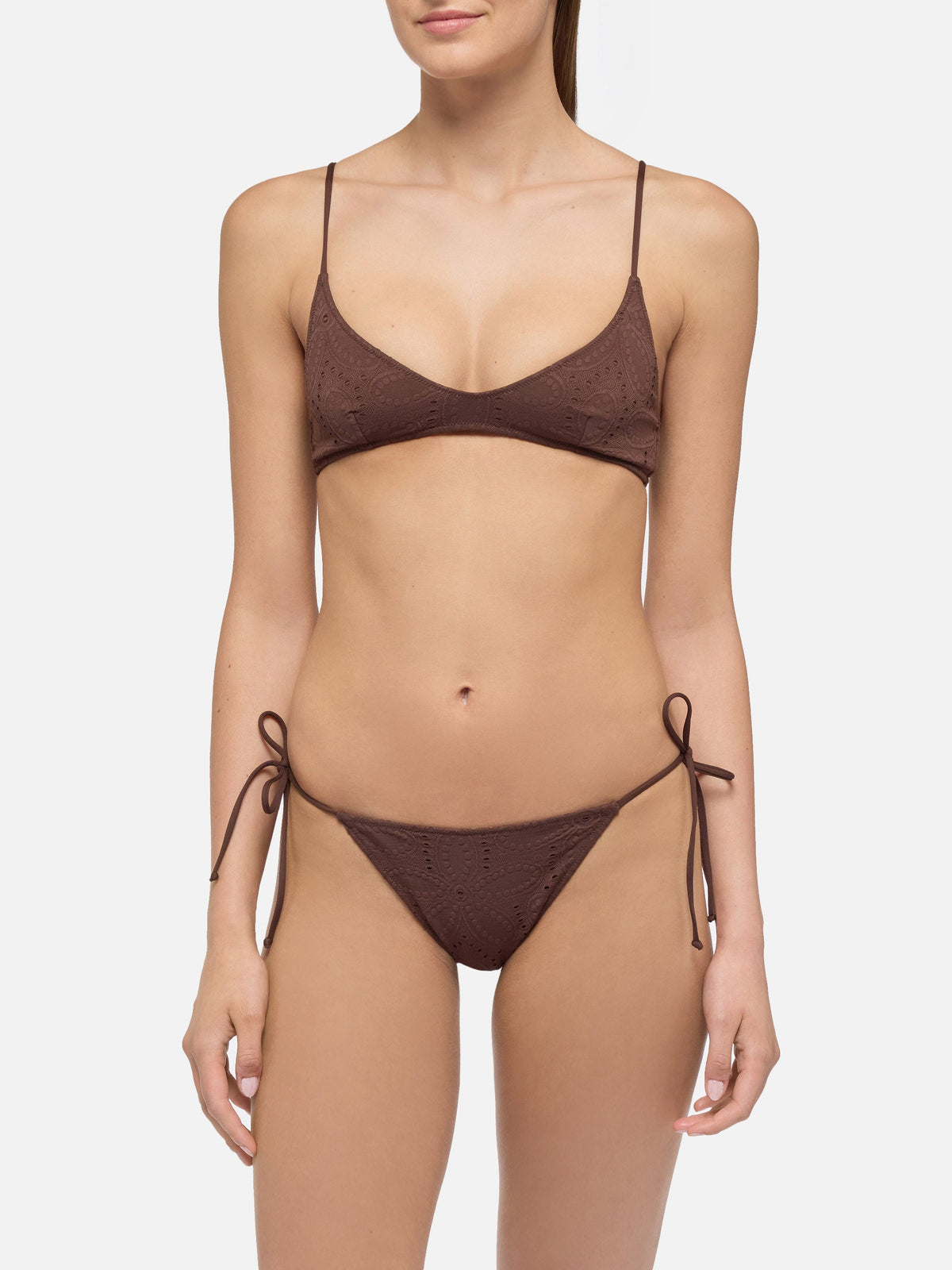 Bikini bralette sciancrato Paloma Marielle marrone in sangallo