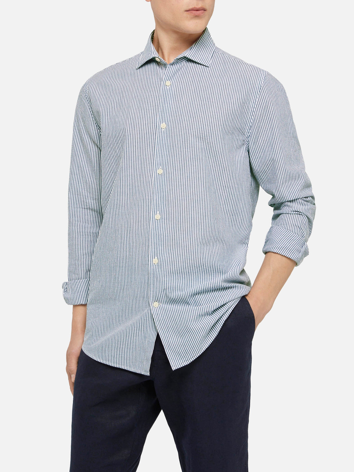 Camicia Pamplona azzurra a righe in seersucker product image 1