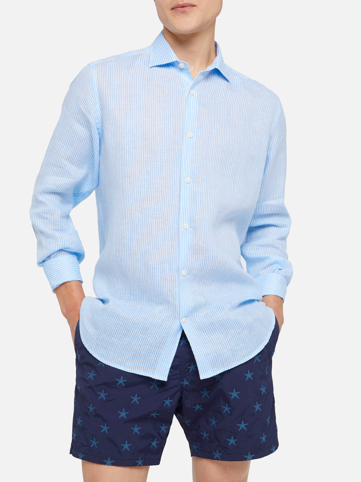 Camicia Pamplona azzurra a righe in lino product image 1