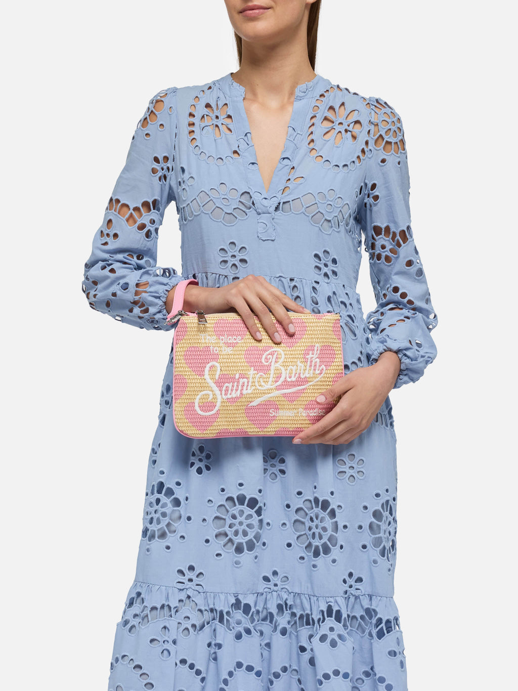 Pochette Parisienne Straw rosa con ricamo cuori