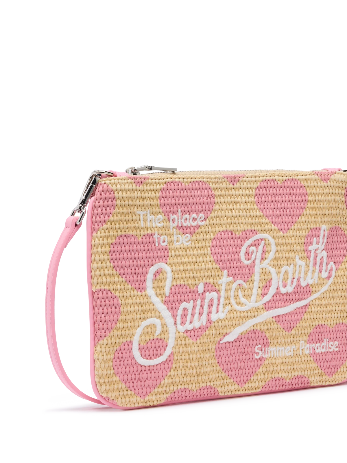 Pochette Parisienne Straw rosa con ricamo cuori