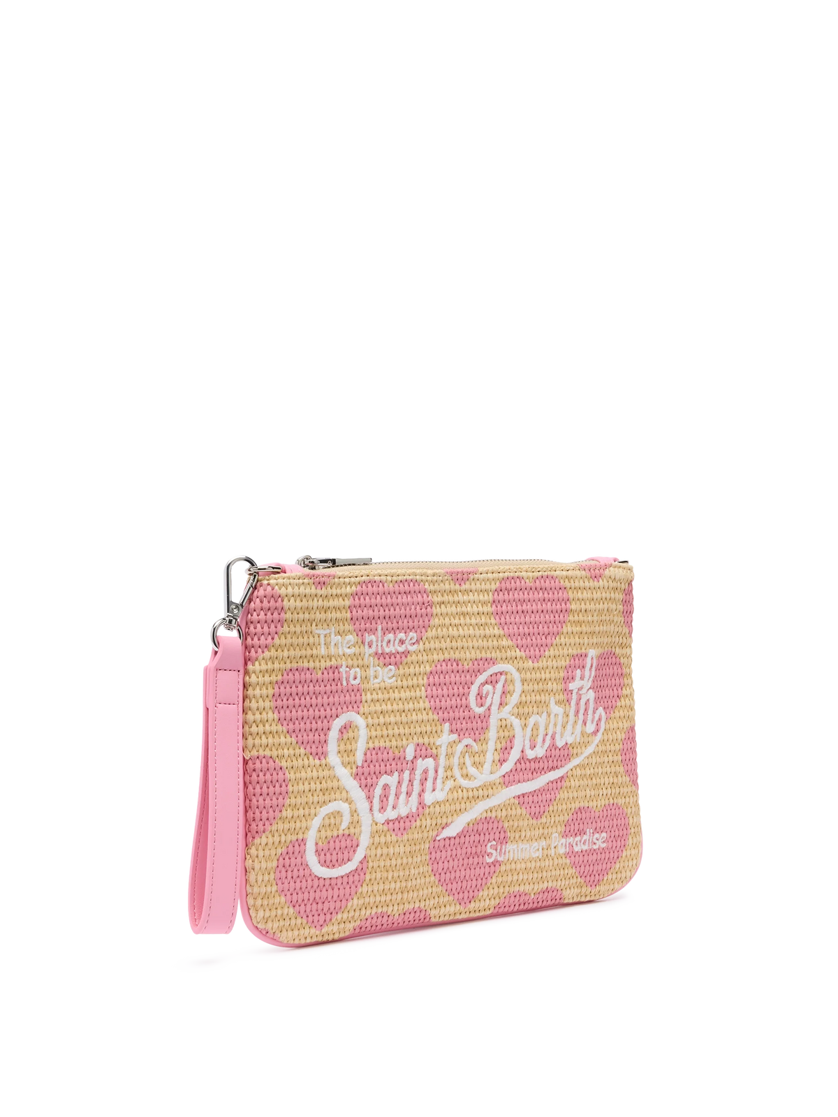 Pochette Parisienne Straw rosa con ricamo cuori