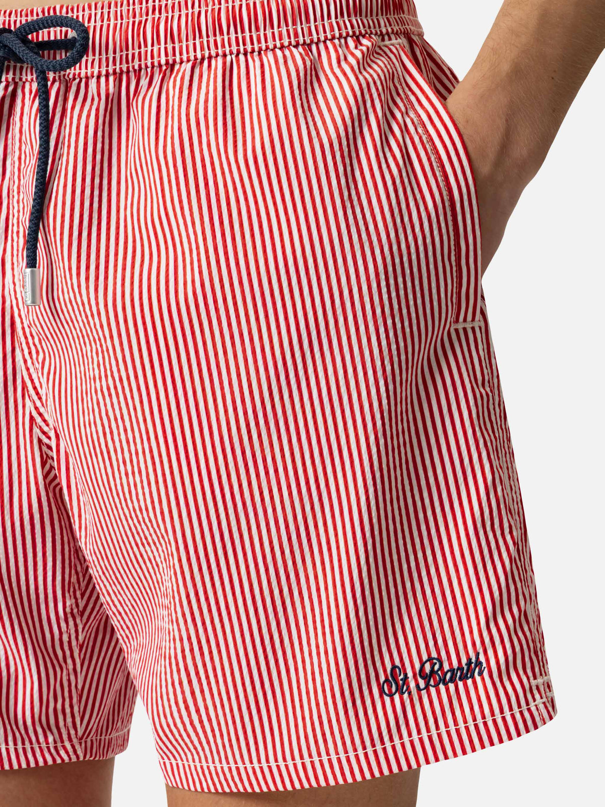 Costume mare Patmos rosso a righe in seersucker