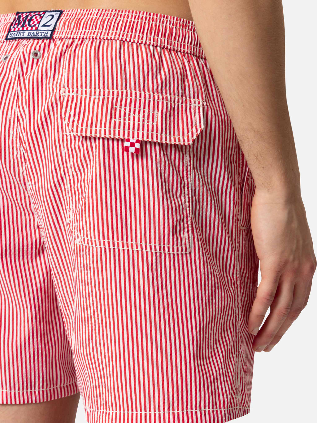 Costume mare Patmos rosso a righe in seersucker