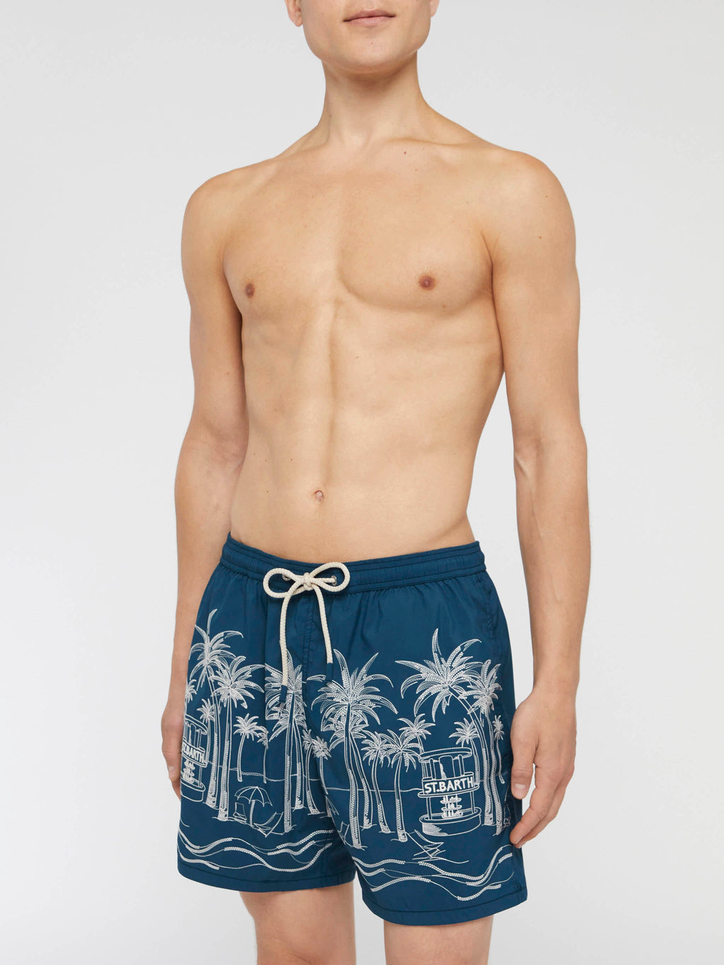 Costume mare Patmos blu navy con ricamo palme e spiaggia